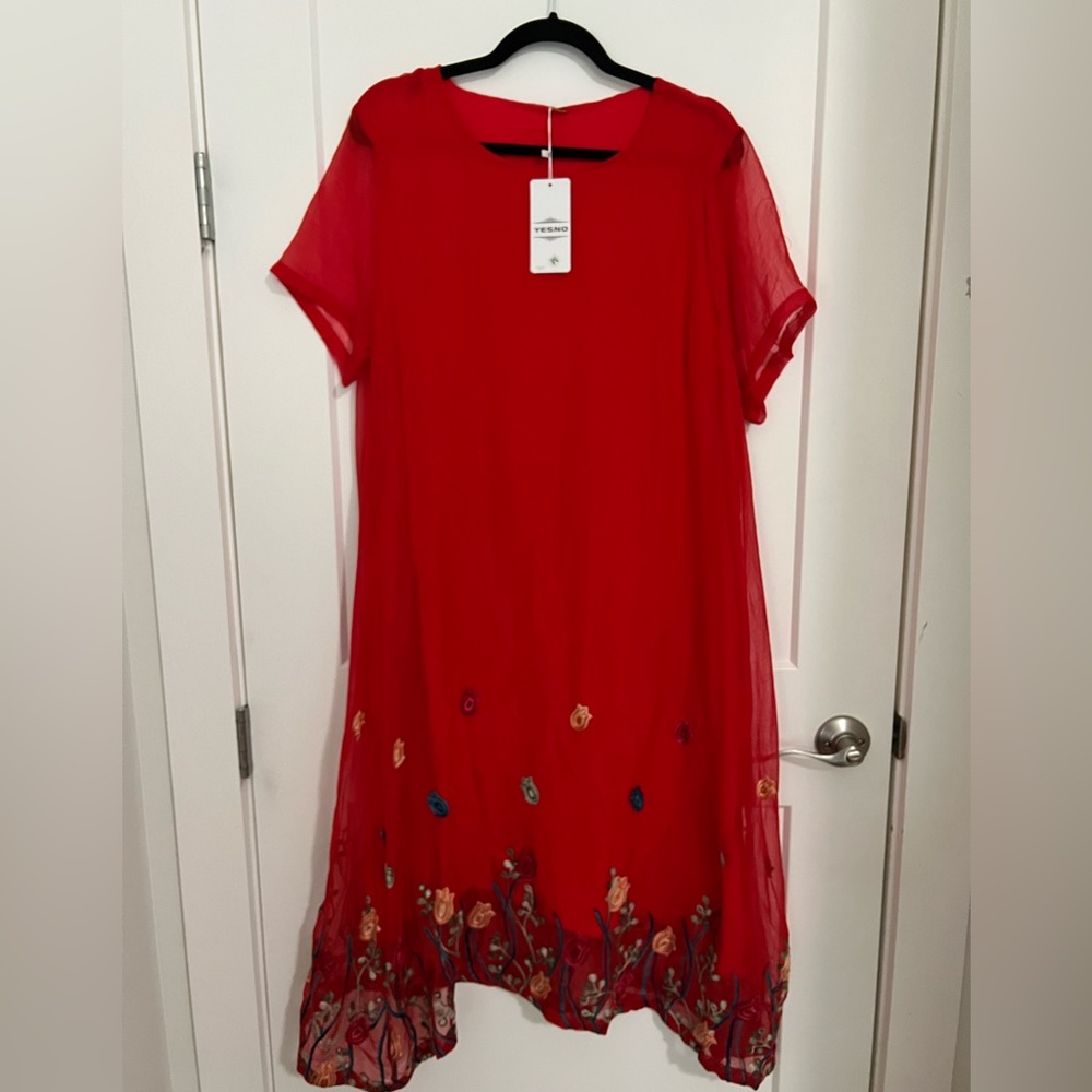 YESNO Women Floral Embroidered Short Sleeve Long Dress w/Cotton underneath